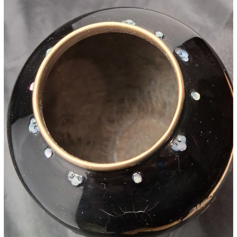 Vintage Brass, Black Enamel Mother of Pearl Inlay Peacock Vase Brass Trim 7.25in